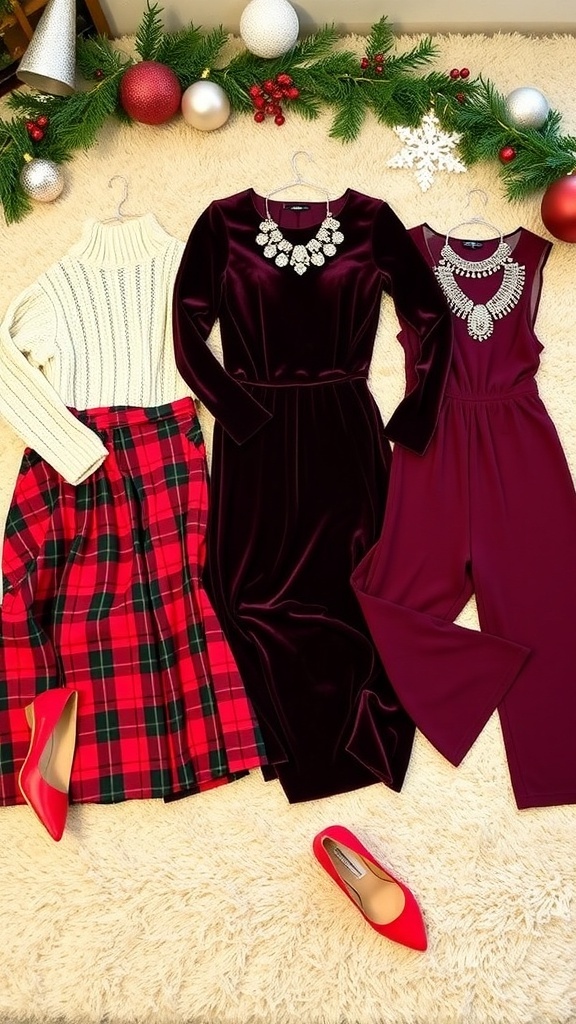 A collection of stylish Christmas outfits including a sweater, dress, skirt, and jumpsuit, arranged on a festive background.